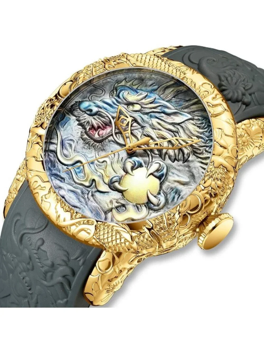Men's Grey Fashion Analog Quartz Big Dial 3D Sculpture Dragon Luxury Wrist Watch